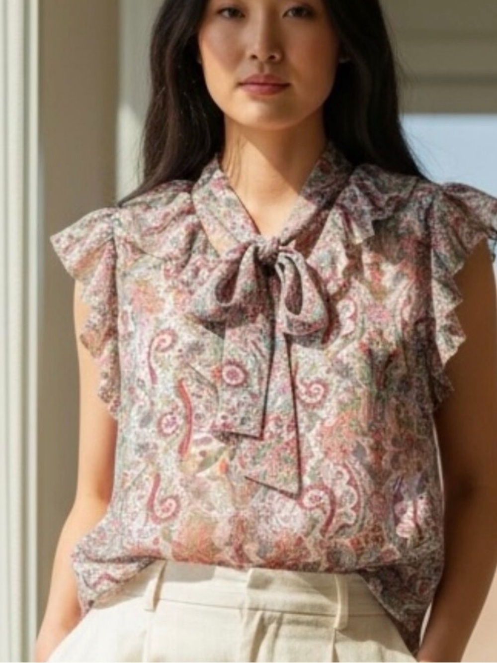 Zimmermann Pink Multi Paisley Tie-Neck Ruffle Blouse Size 1